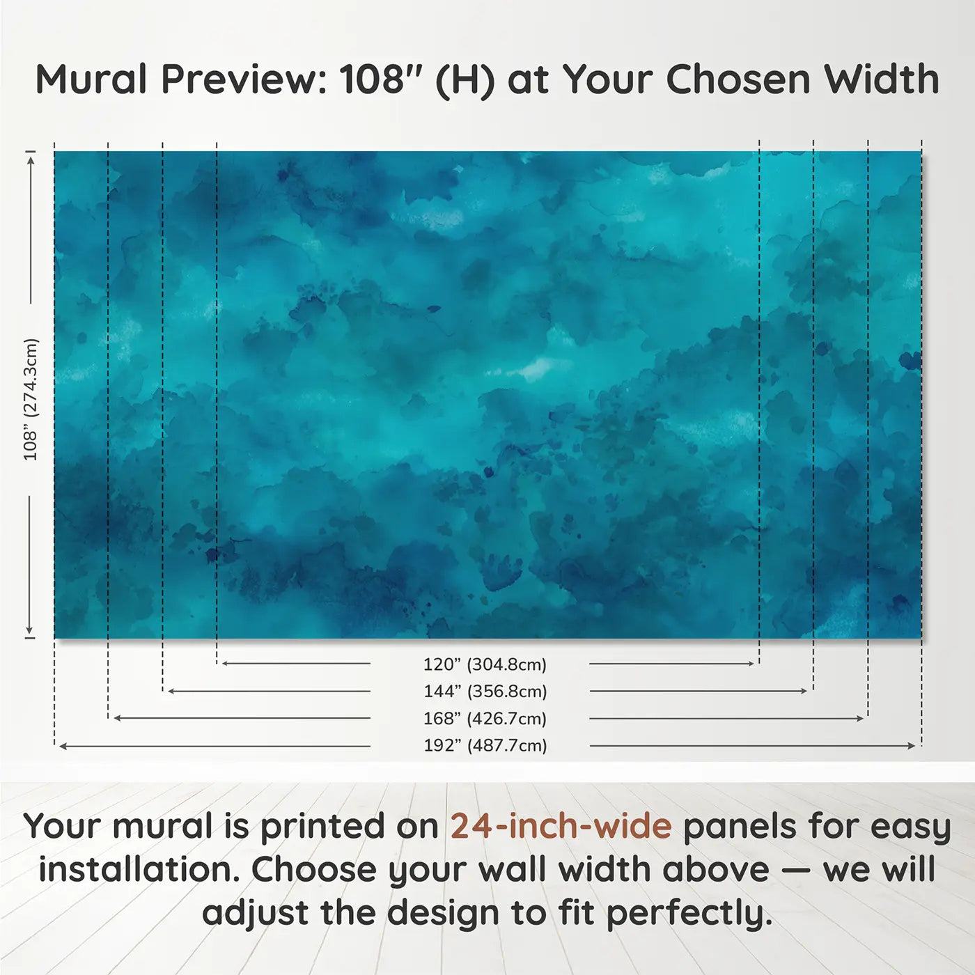 Panel layout and dimensions for Deep Teal Color Field Wallpaper Mural by Whimsy Tots