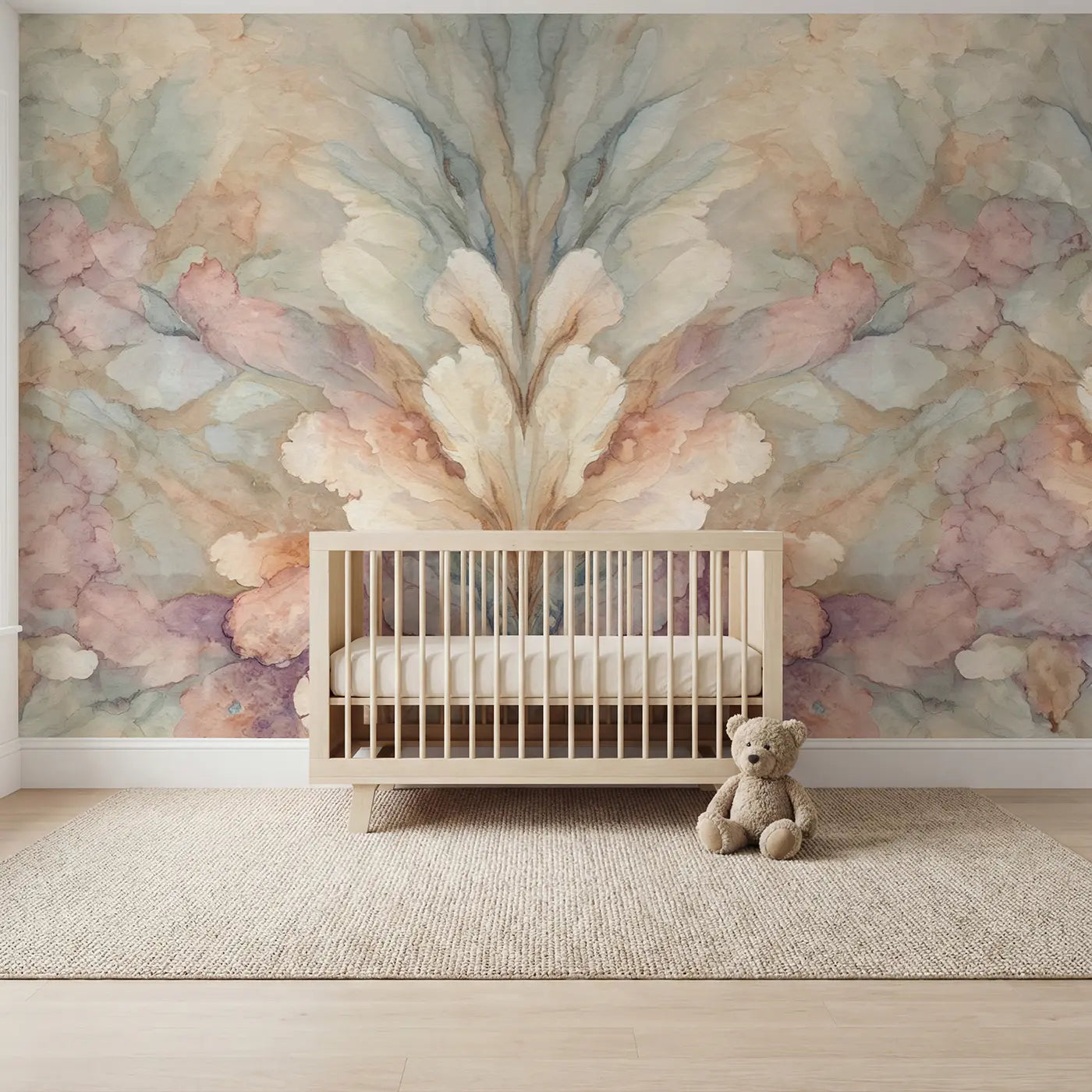 Watercolor mirrored ink bloom abstract wallpaper mural for nursery by Whimsy Tots