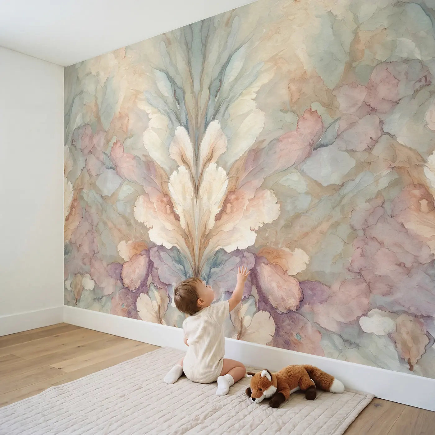Child in nursery with Mirrored Ink Bloom Wallpaper Mural by Whimsy Tots