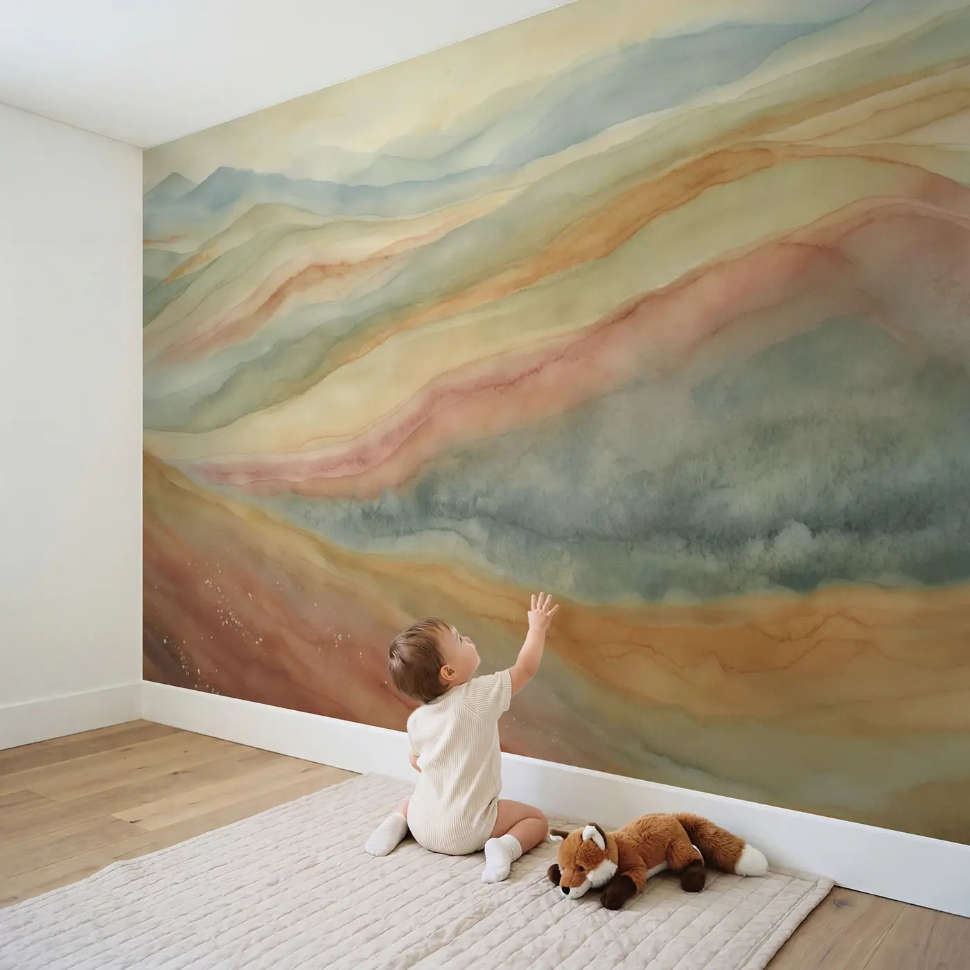 Child in nursery with Layered Earth Abstract Wallpaper Mural by Whimsy Tots