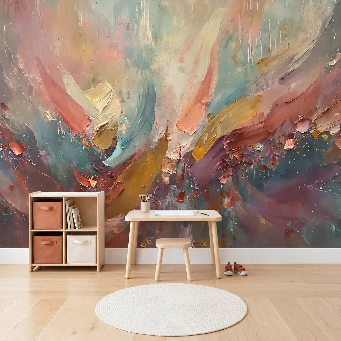 Dynamic Gestural Abstract Wallpaper Mural in playroom setting by Whimsy Tots