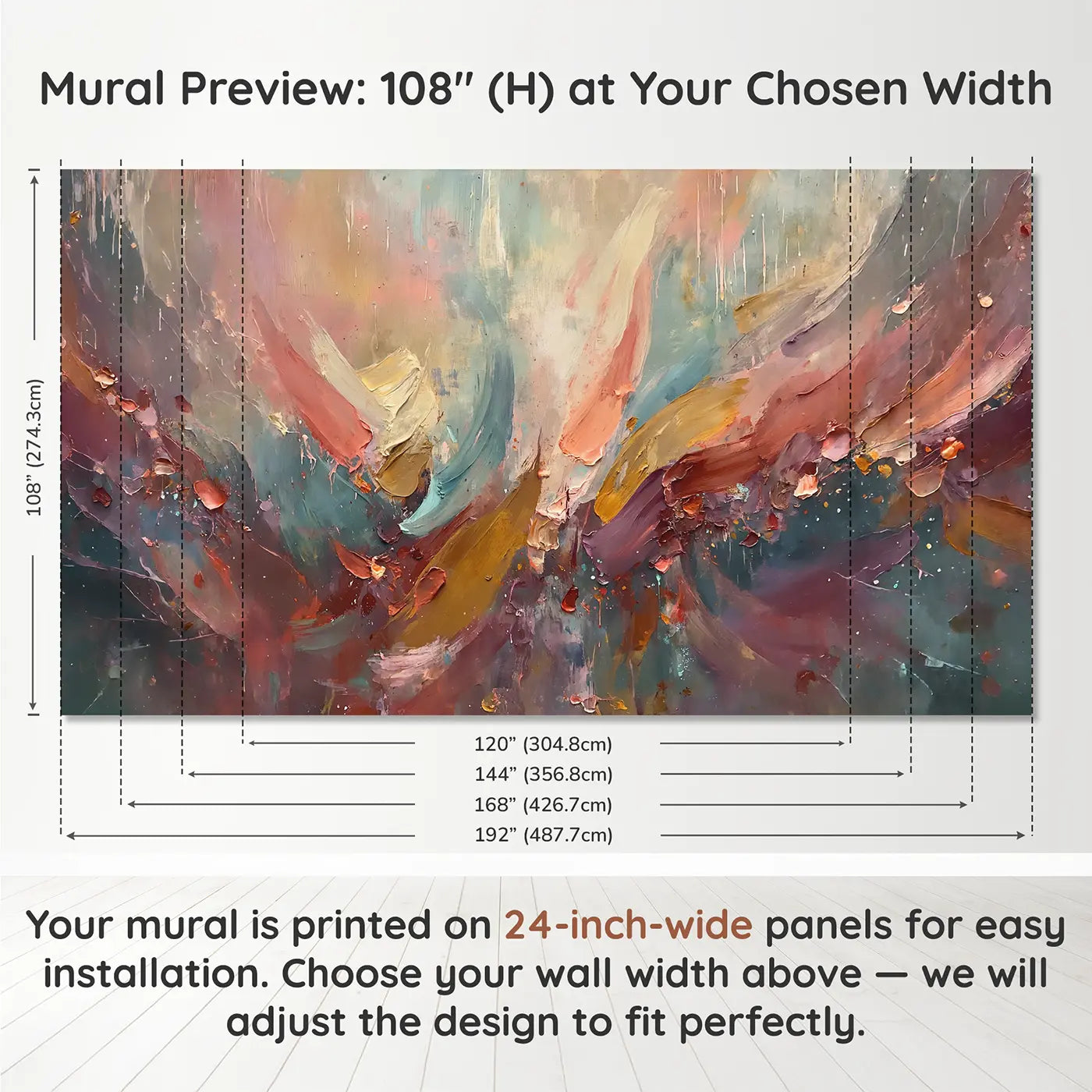 Panel layout and dimensions for Dynamic Gestural Abstract Wallpaper Mural by Whimsy Tots