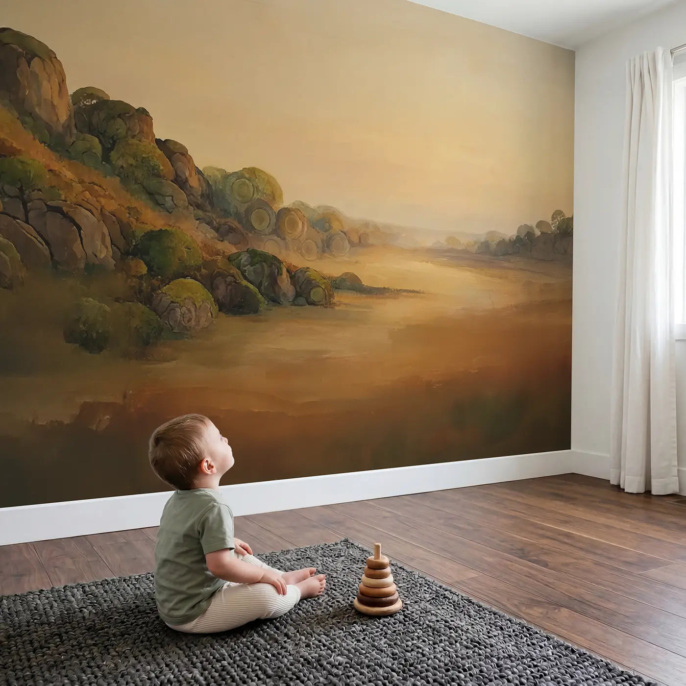 Child in nursery with Abstract Tree Rings Watercolor Wallpaper Mural by Whimsy Tots