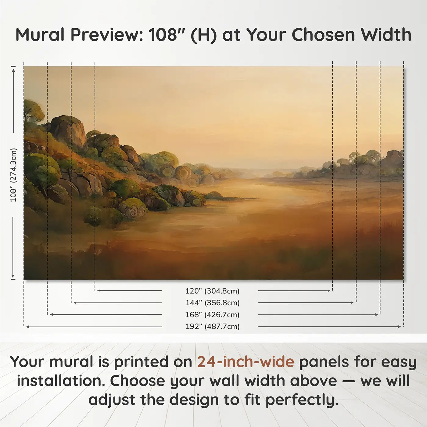 Panel layout and dimensions for Abstract Tree Rings Watercolor Wallpaper Mural by Whimsy Tots