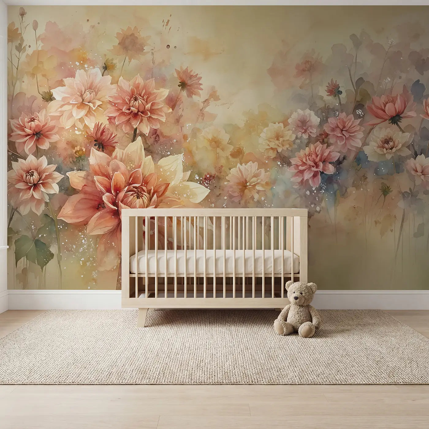 Watercolor abstract dahlia burst wallpaper mural for kids room by Whimsy Tots