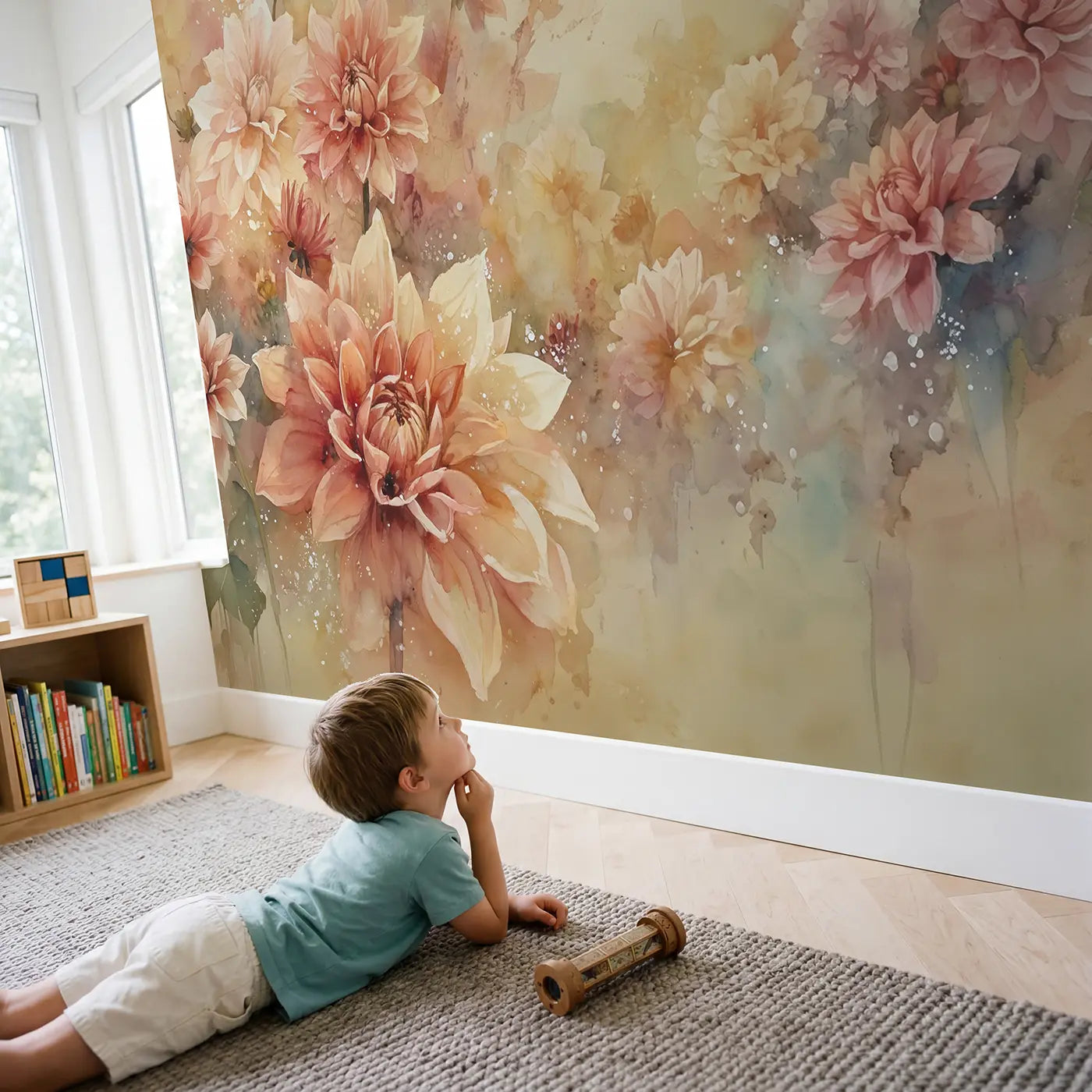 Child in nursery with Abstract Dahlia Burst Wallpaper Mural by Whimsy Tots