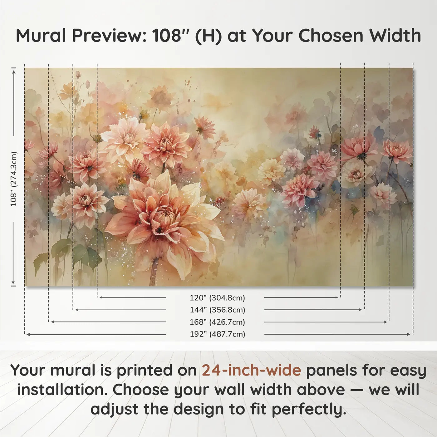 Panel layout and dimensions for Abstract Dahlia Burst Wallpaper Mural by Whimsy Tots
