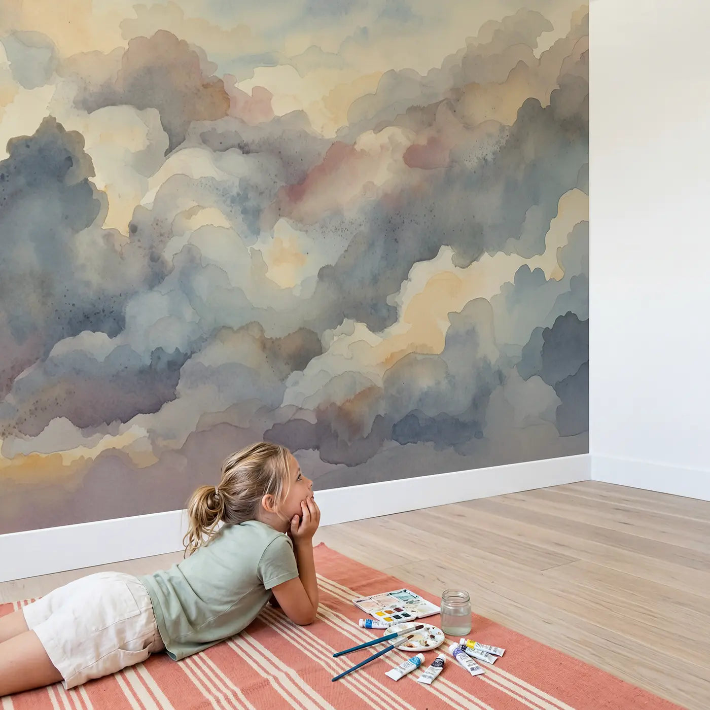 Child in nursery with Atmospheric Cloud Watercolor Abstract Wallpaper Mural by Whimsy Tots