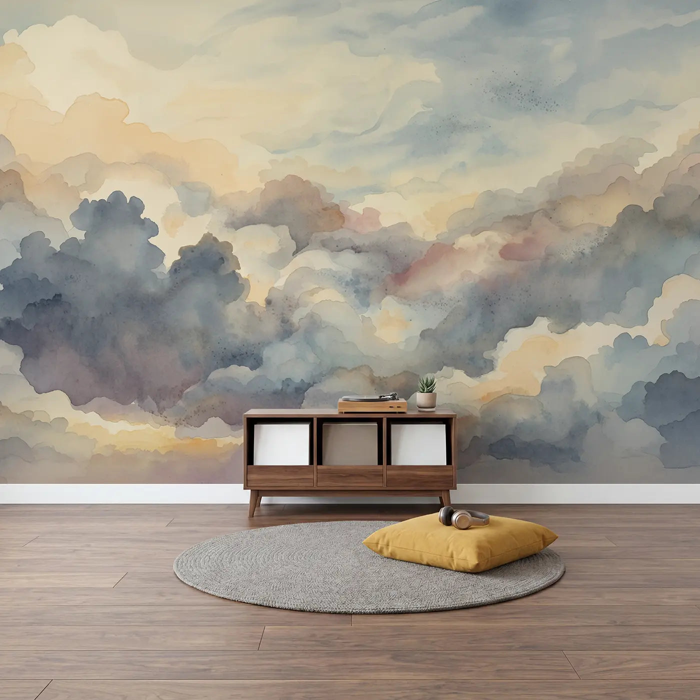 Atmospheric Cloud Watercolor Abstract Wallpaper Mural in playroom setting by Whimsy Tots