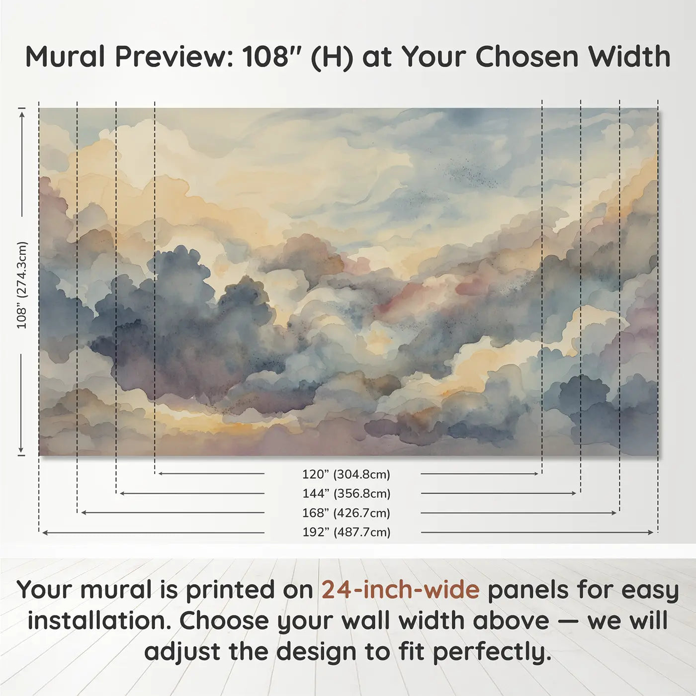 Panel layout and dimensions for Atmospheric Cloud Watercolor Abstract Wallpaper Mural by Whimsy Tots