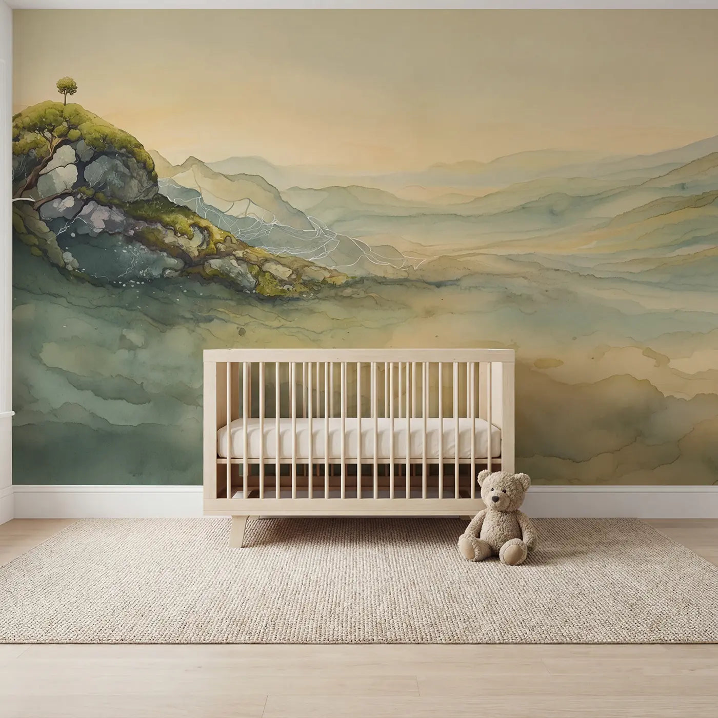 Watercolor pastel abstract white lines wallpaper mural for nursery by Whimsy Tots