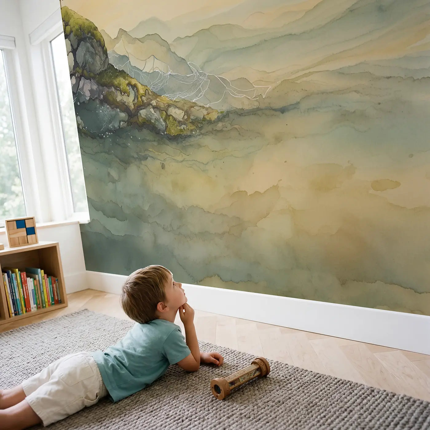 Child in nursery with Pastel Abstract White Line Wallpaper Mural by Whimsy Tots