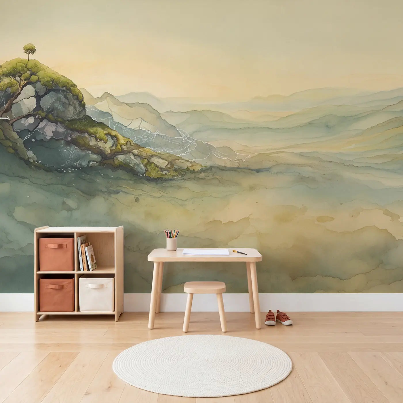 Pastel Abstract White Line Wallpaper Mural in playroom setting by Whimsy Tots