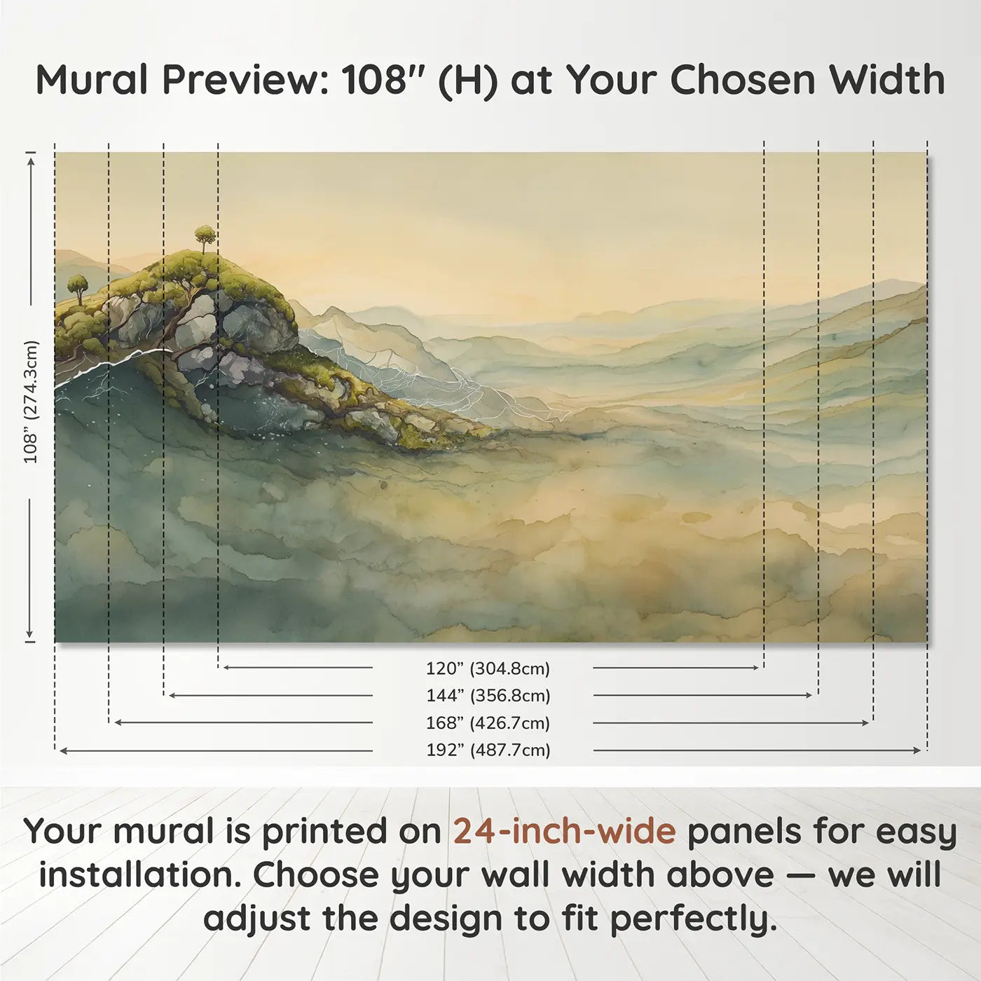 Panel layout and dimensions for Pastel Abstract White Line Wallpaper Mural by Whimsy Tots