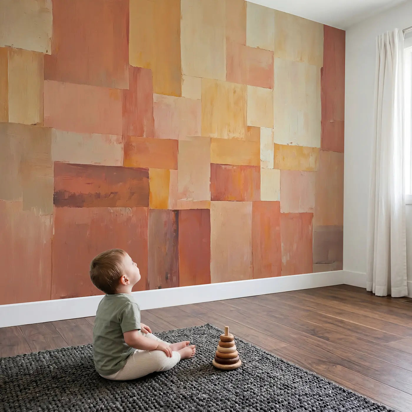 Child in nursery with Warm Geometric Color Block Wallpaper Mural by Whimsy Tots