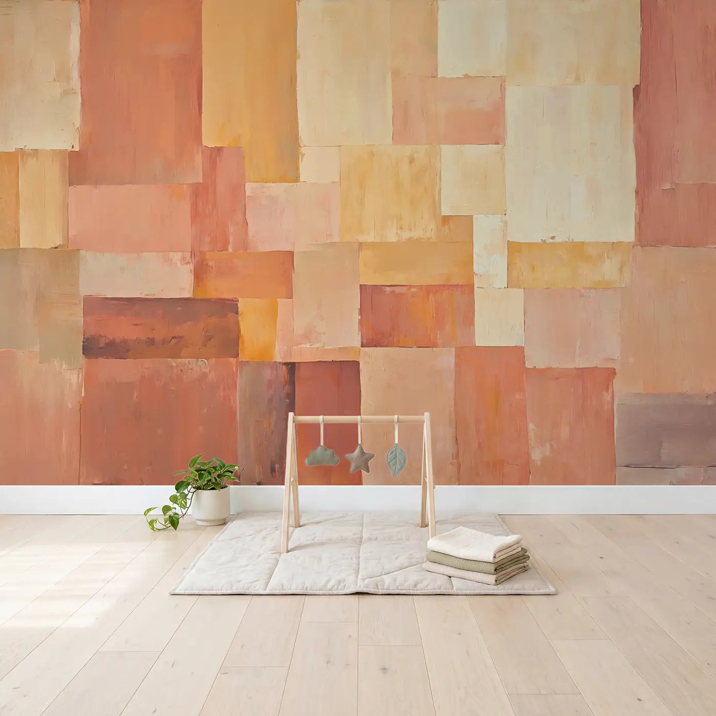 Warm Geometric Color Block Wallpaper Mural in playroom setting by Whimsy Tots