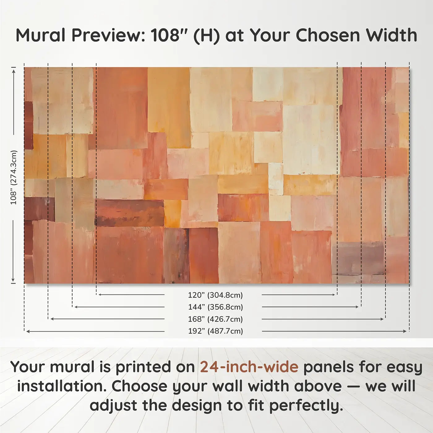 Panel layout and dimensions for Warm Geometric Color Block Wallpaper Mural by Whimsy Tots