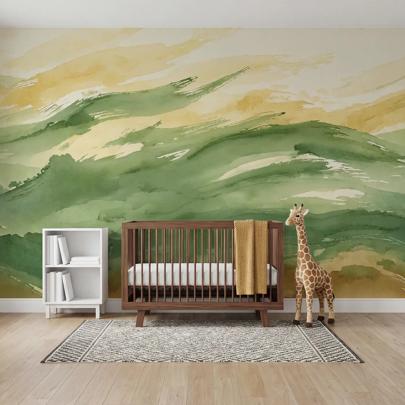 Watercolor sage green brushstroke landscape wallpaper mural for nursery by Whimsy Tots