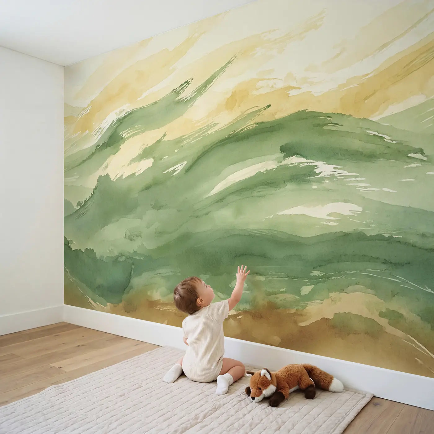 Child in nursery with Sage Green Brushstroke Landscape Wallpaper Mural by Whimsy Tots