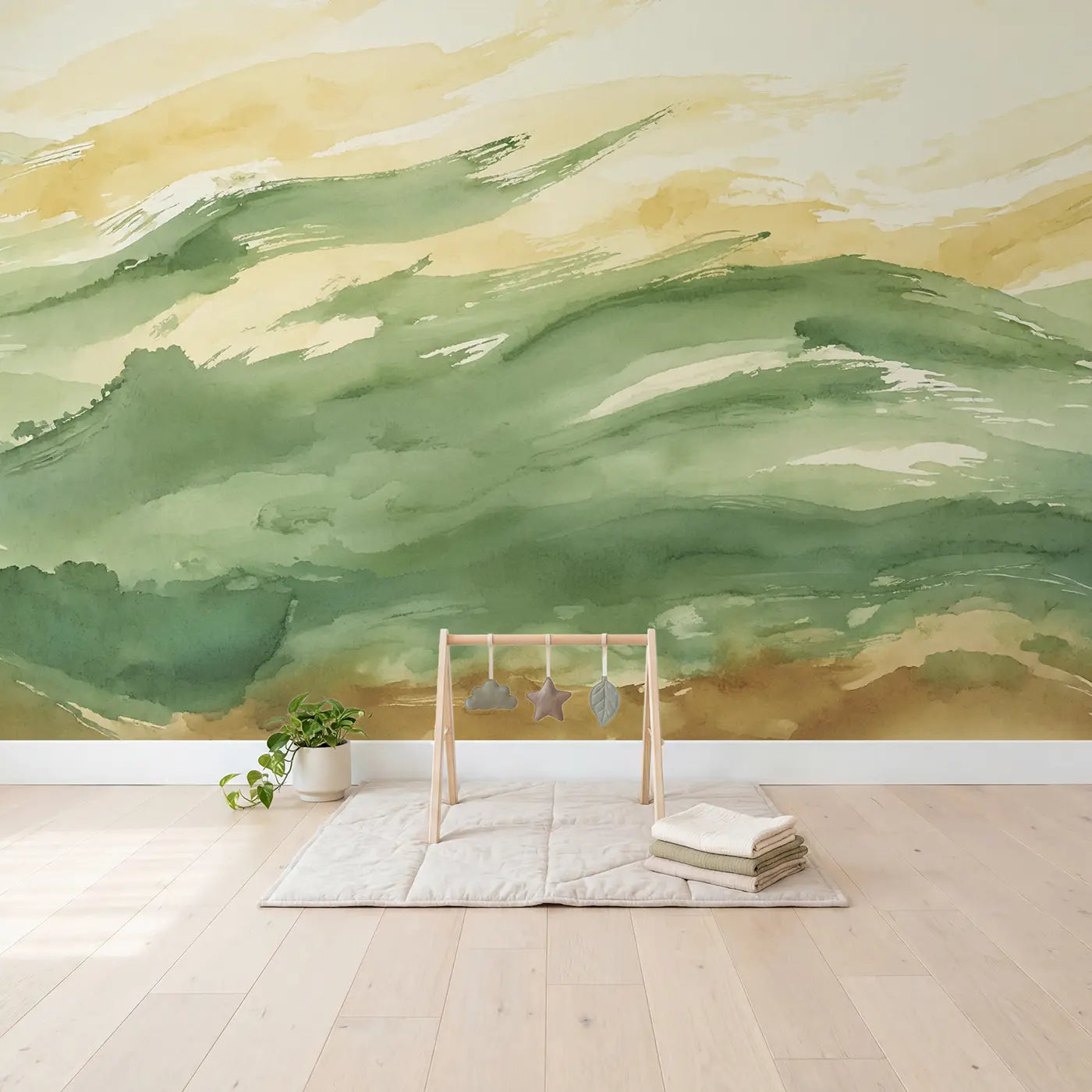 Sage Green Brushstroke Landscape Wallpaper Mural in playroom setting by Whimsy Tots