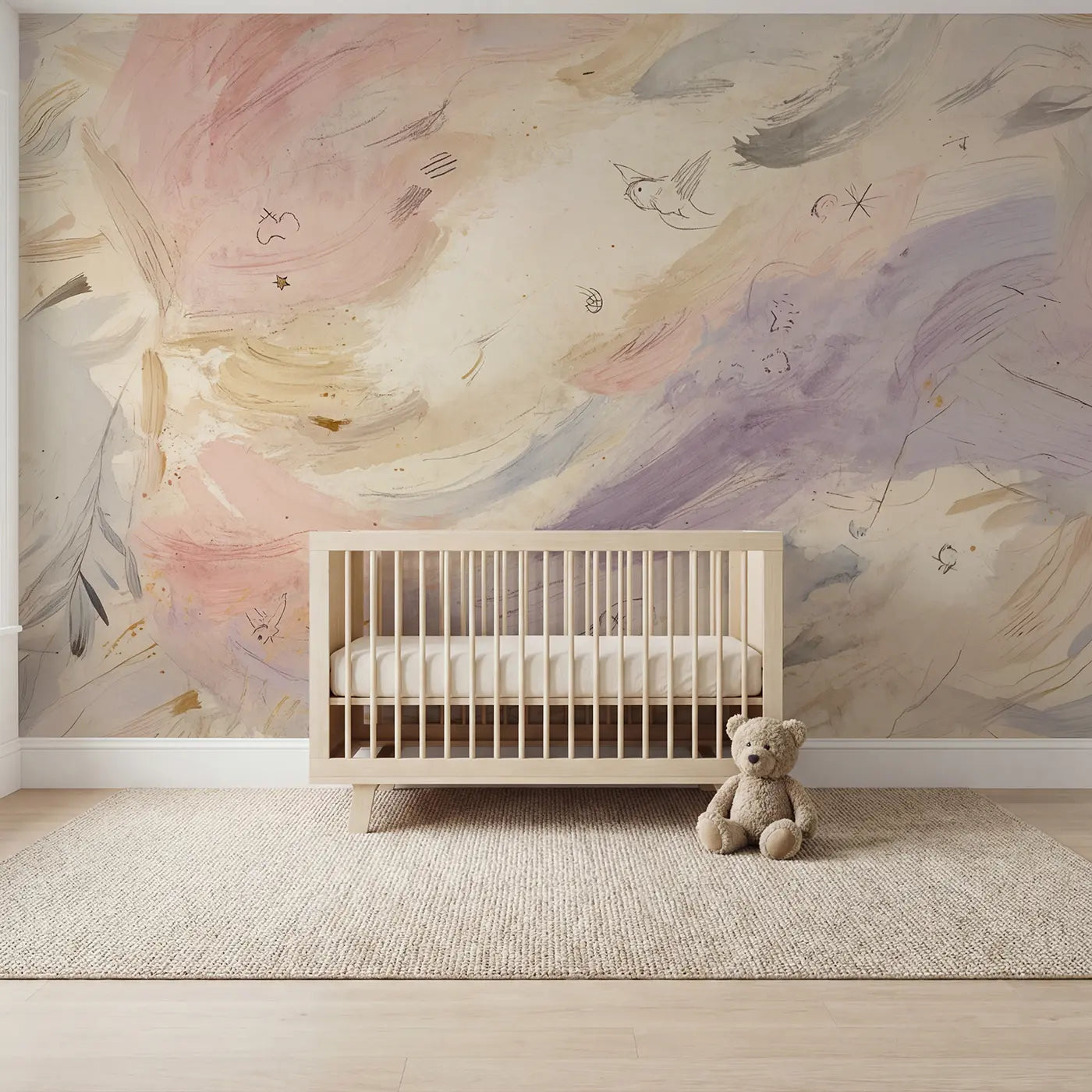 Storybook brushstroke and splatter abstract wallpaper mural for kids room by Whimsy Tots