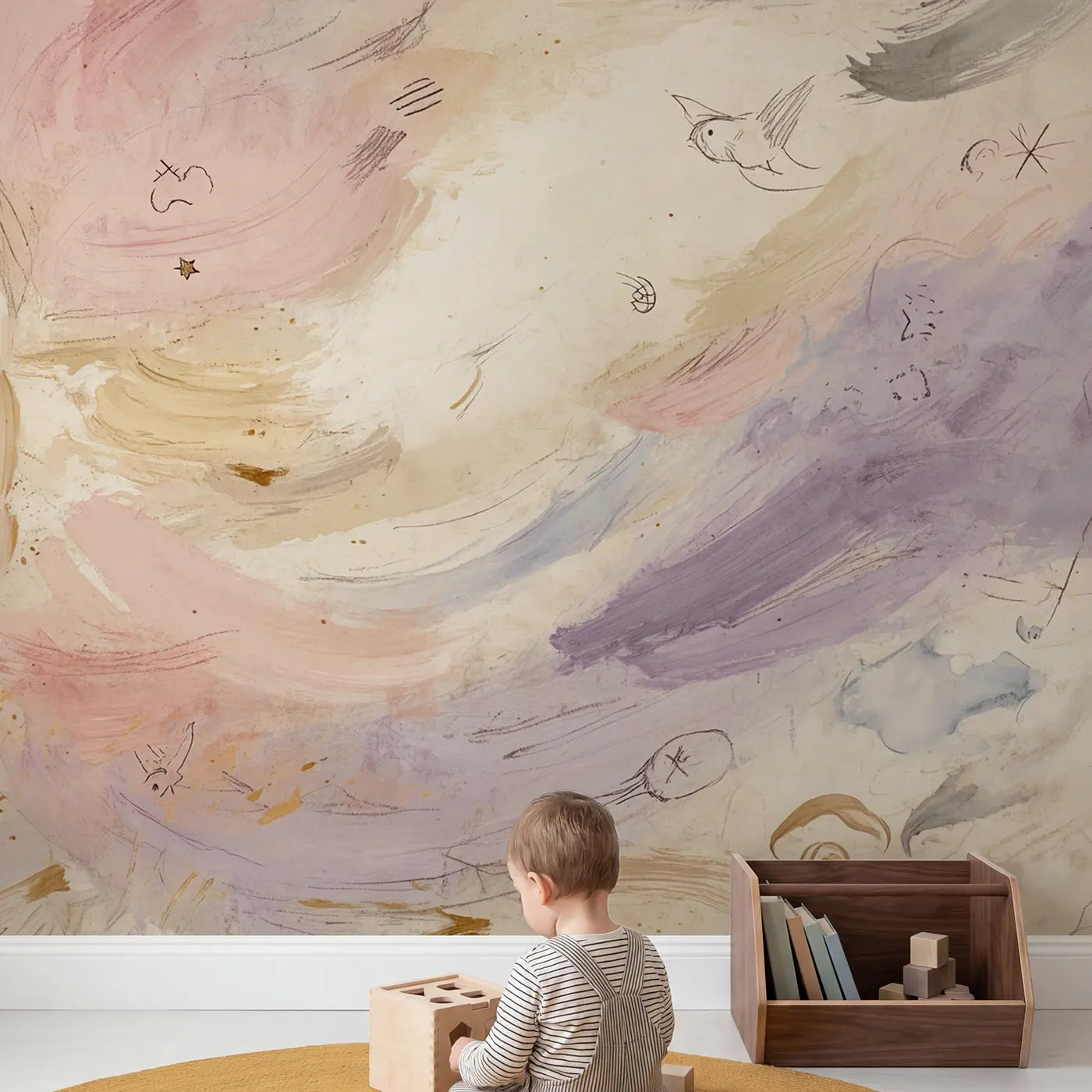 Child in nursery with Whimsical Brushstroke Sky Wallpaper Mural by Whimsy Tots