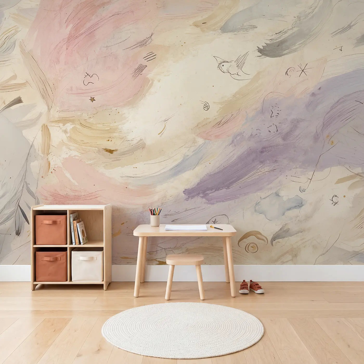 Whimsical Brushstroke Sky Wallpaper Mural in playroom setting by Whimsy Tots