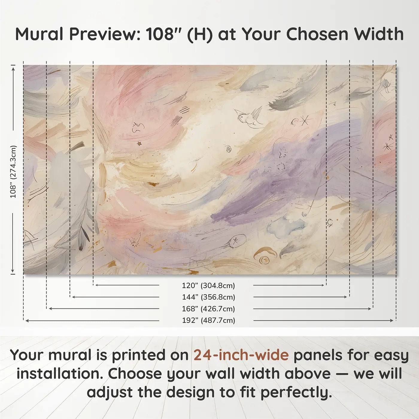 Panel layout and dimensions for Whimsical Brushstroke Sky Wallpaper Mural by Whimsy Tots