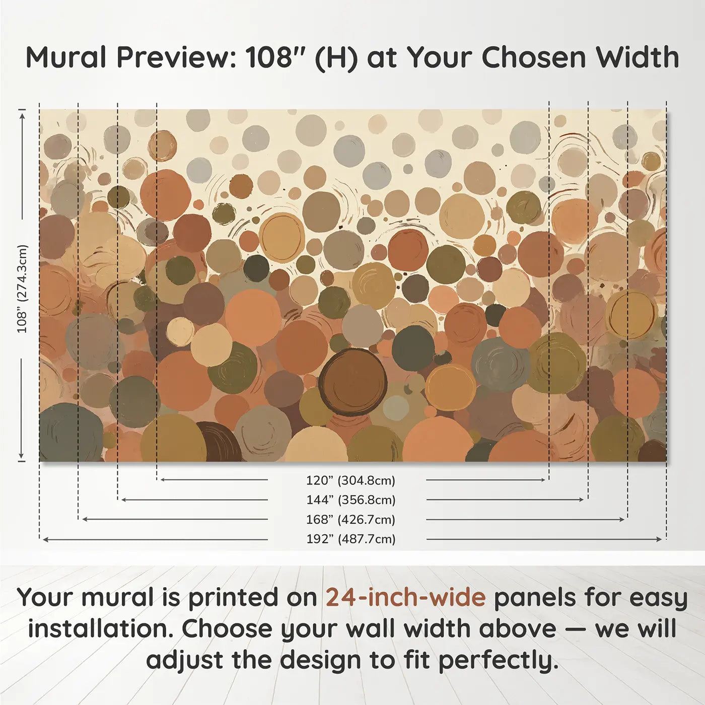Panel layout and dimensions for Wabi Sabi Earth Circle Abstract Wallpaper Mural by Whimsy Tots
