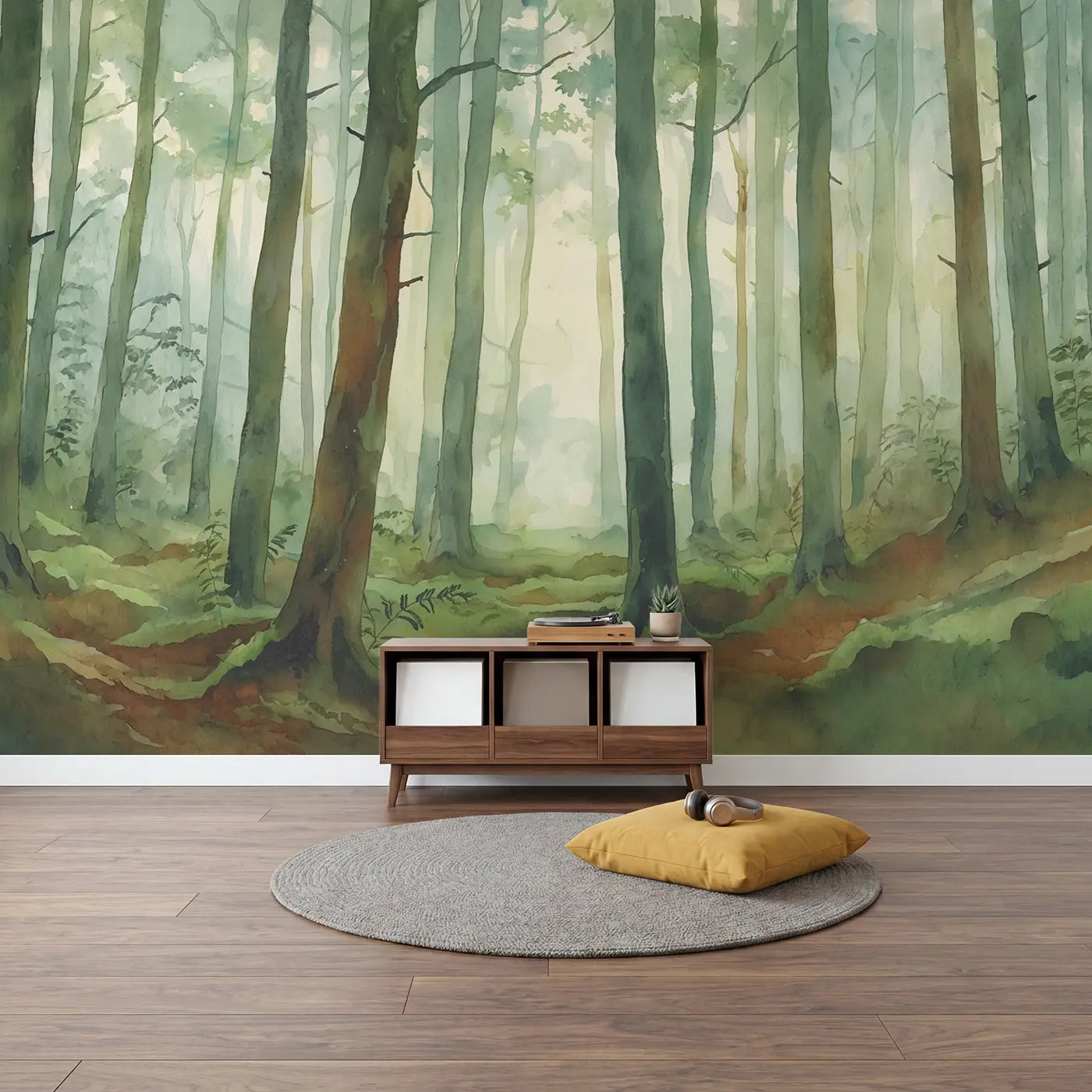 Abstract Watercolor Forest Wallpaper Mural in playroom setting by Whimsy Tots