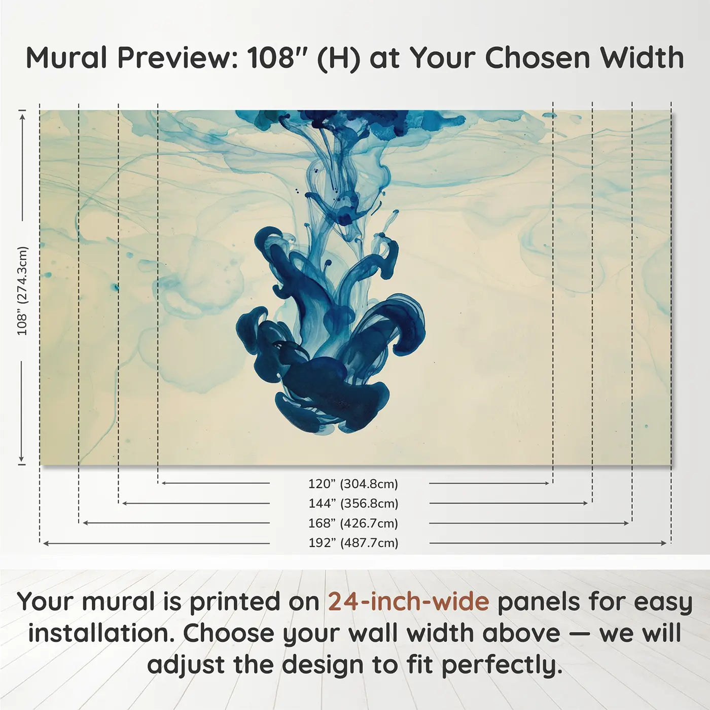 Panel layout and dimensions for Ink Drop Water Abstract Wallpaper Mural by Whimsy Tots
