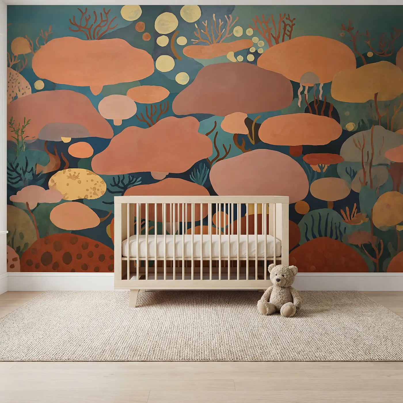 Modern illustration coral reef abstract wallpaper mural for nursery by Whimsy Tots