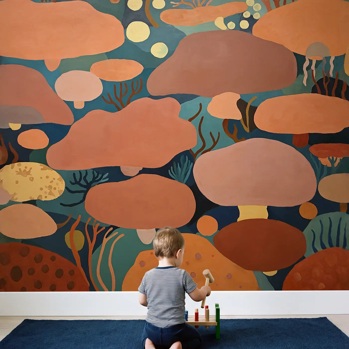 Child in nursery with Warm Coral Reef Abstract Wallpaper Mural by Whimsy Tots