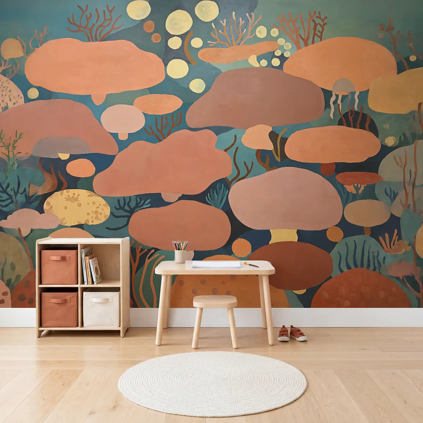 Warm Coral Reef Abstract Wallpaper Mural in playroom setting by Whimsy Tots