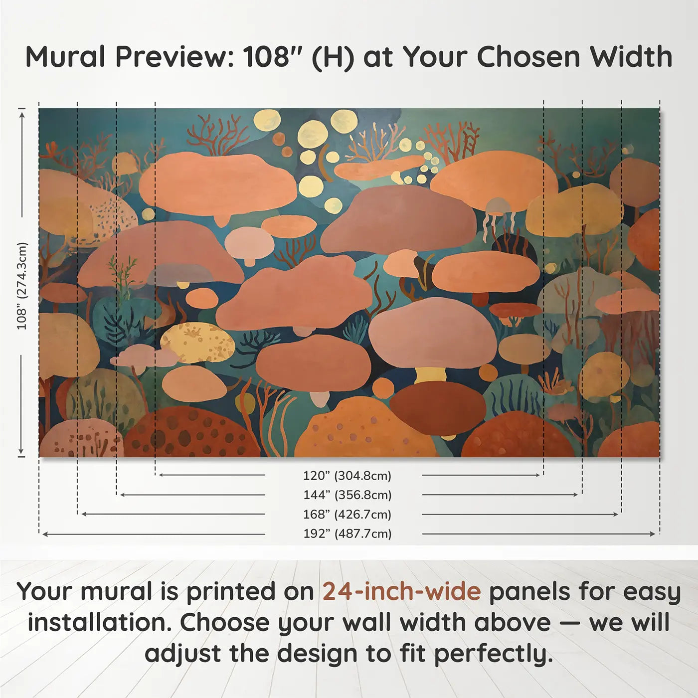 Panel layout and dimensions for Warm Coral Reef Abstract Wallpaper Mural by Whimsy Tots