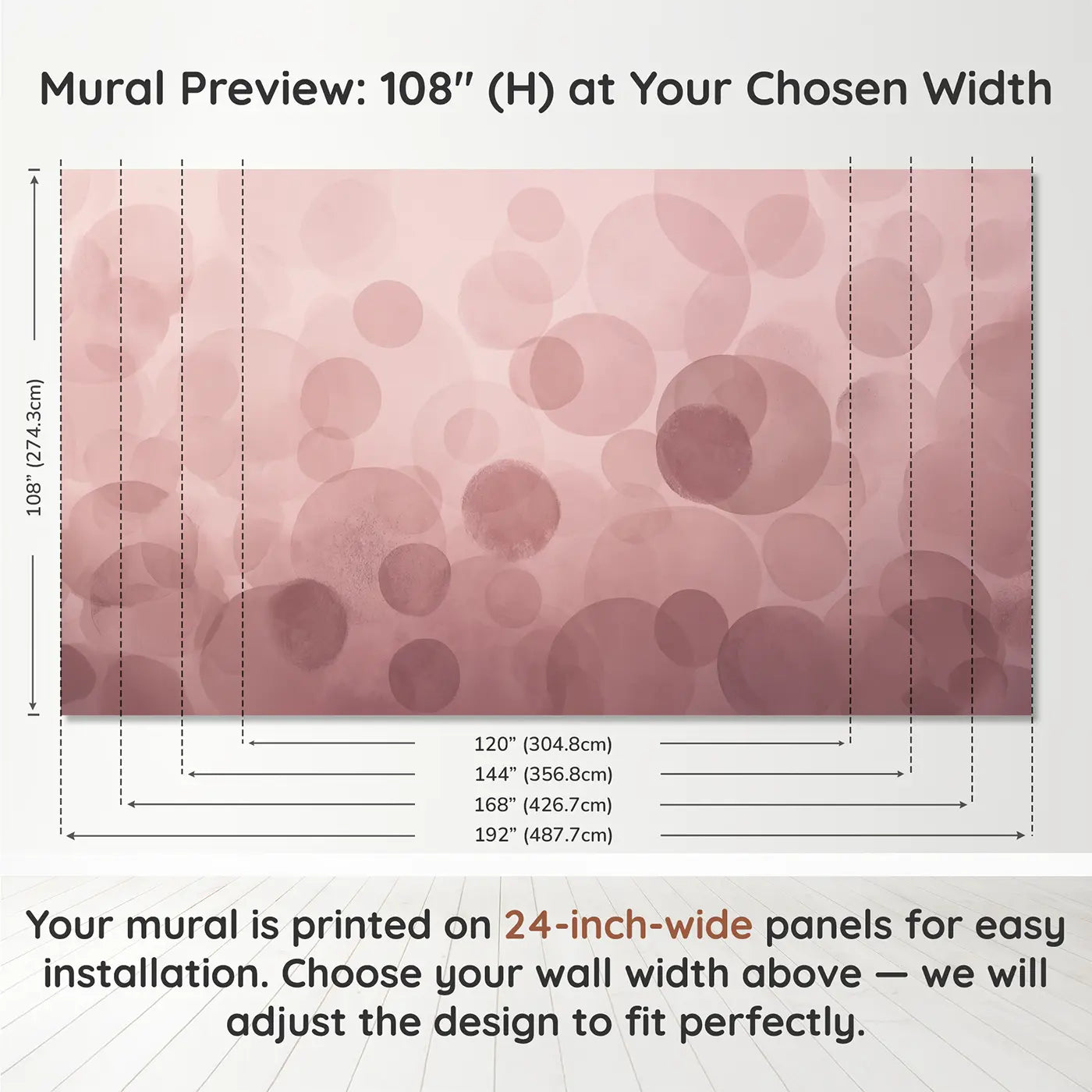 Panel layout and dimensions for Soft Circle Bokeh Wallpaper Mural by Whimsy Tots