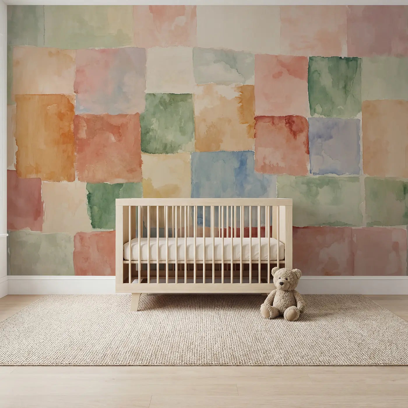 Modern illustration abstract watercolor quilt pattern wallpaper mural for nursery by Whimsy Tots