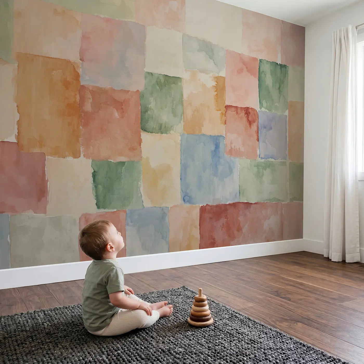 Child in nursery with Abstract Watercolor Quilt Wallpaper Mural by Whimsy Tots
