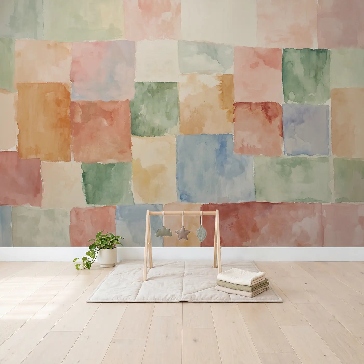 Abstract Watercolor Quilt Wallpaper Mural in playroom setting by Whimsy Tots