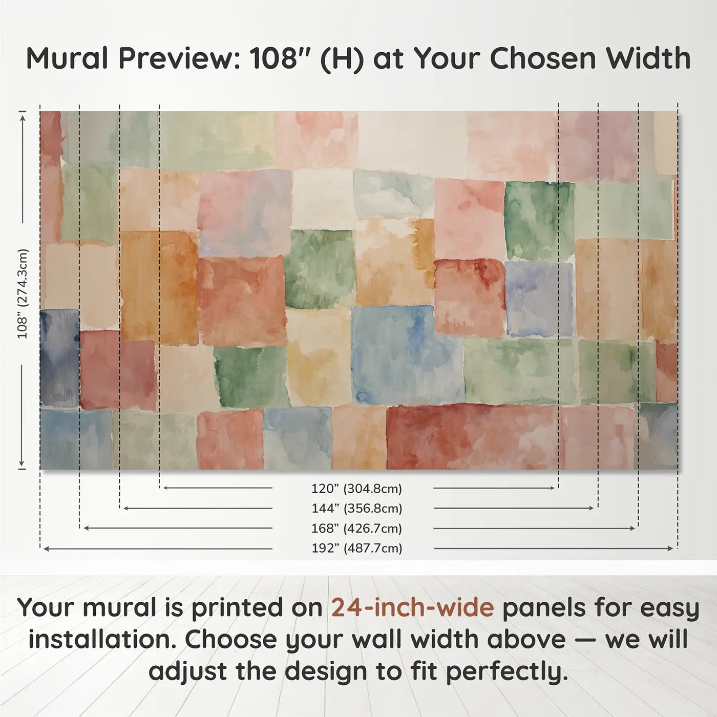 Panel layout and dimensions for Abstract Watercolor Quilt Wallpaper Mural by Whimsy Tots