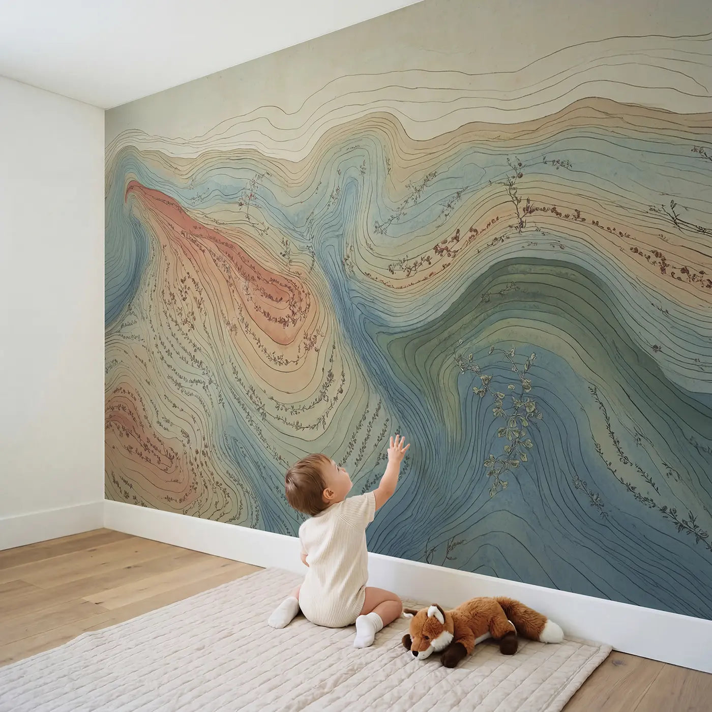 Child in nursery with Topographic Contour Landscape Wallpaper Mural by Whimsy Tots