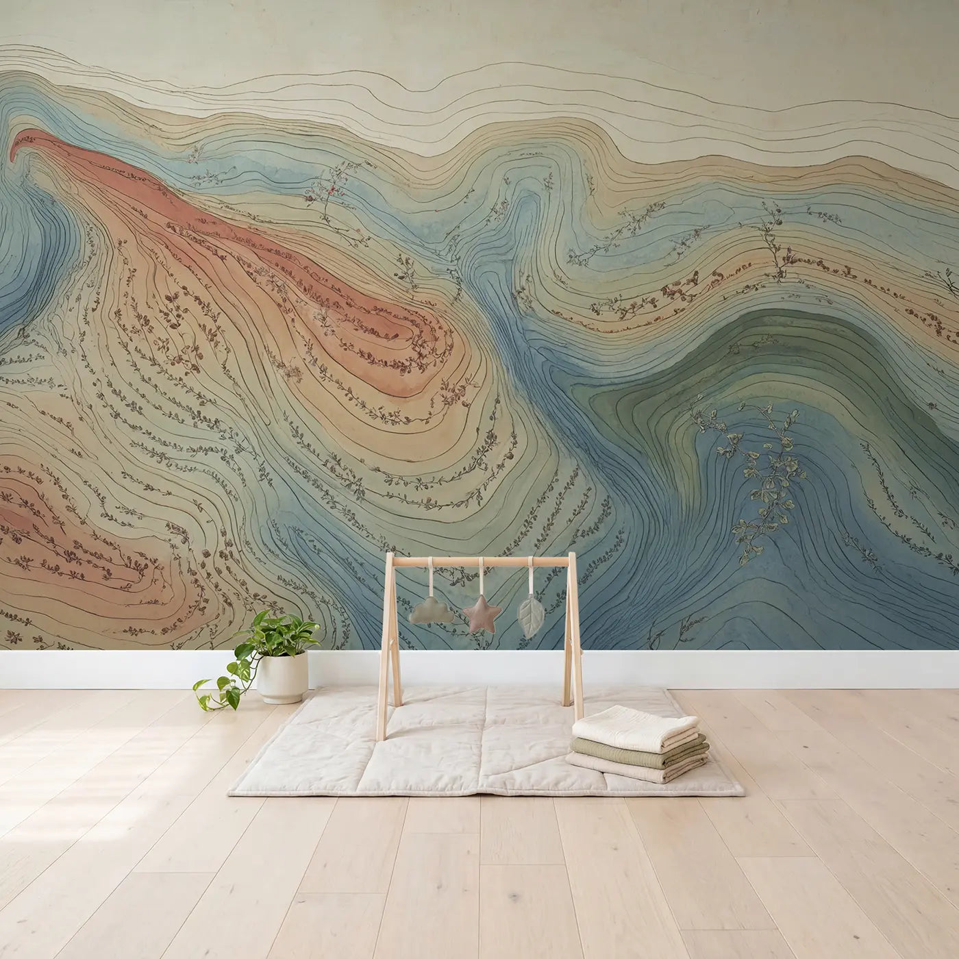 Topographic Contour Landscape Wallpaper Mural in playroom setting by Whimsy Tots