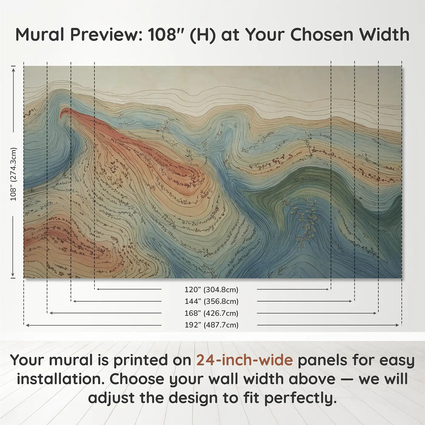 Panel layout and dimensions for Topographic Contour Landscape Wallpaper Mural by Whimsy Tots