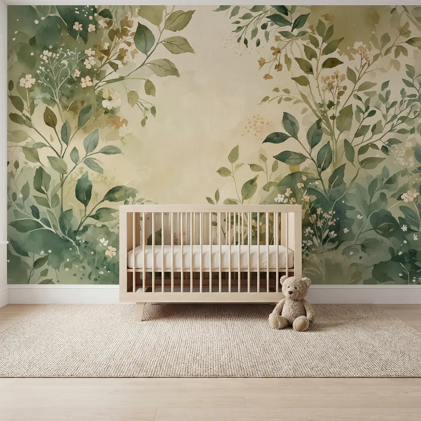 Watercolor botanical leaf abstract frame wallpaper mural for nursery by Whimsy Tots