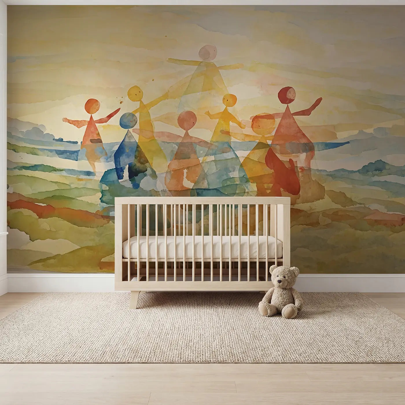 Modern illustration abstract color washes wallpaper mural for nursery by Whimsy Tots