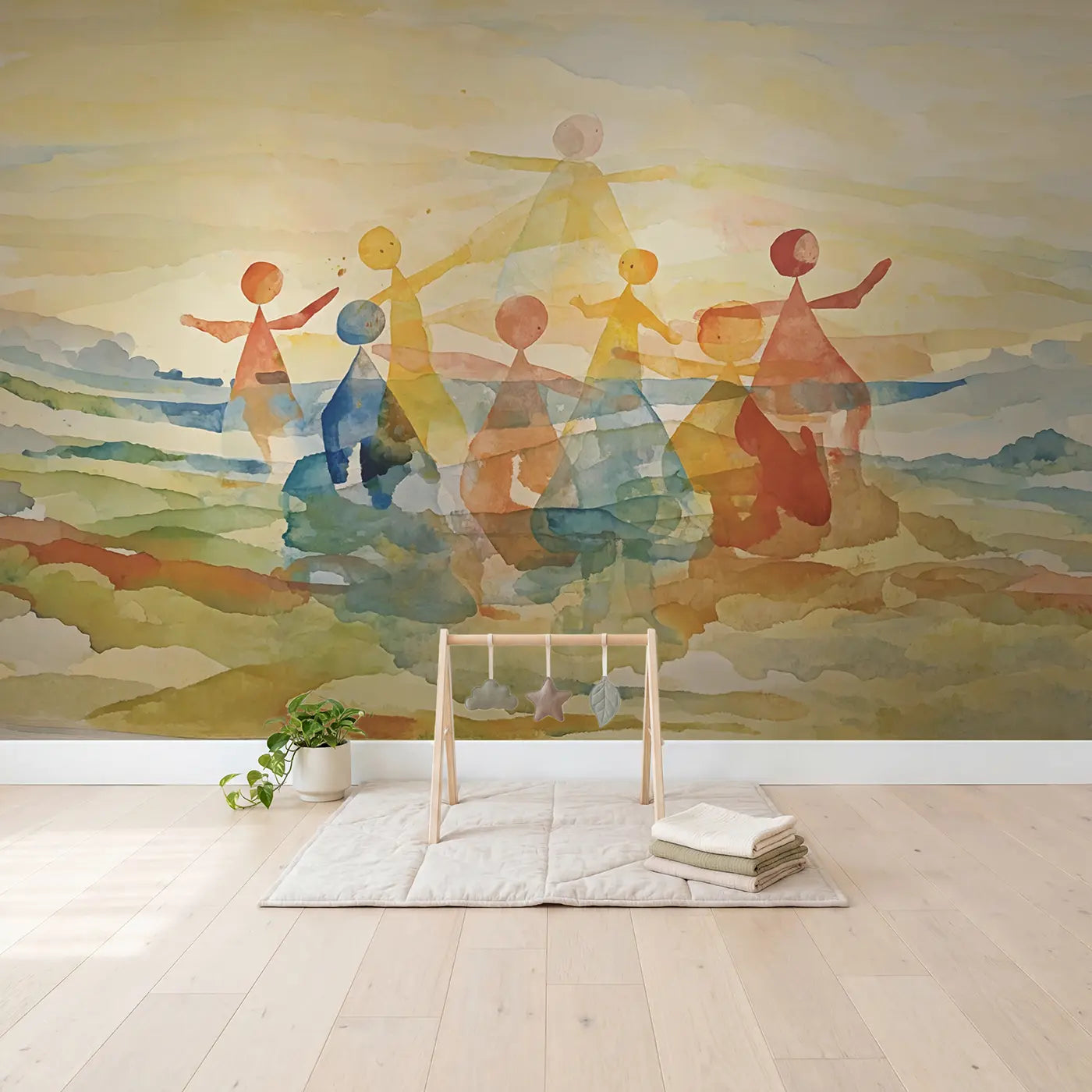 Multiple Color Washes Overlapping Wallpaper Mural in playroom setting by Whimsy Tots