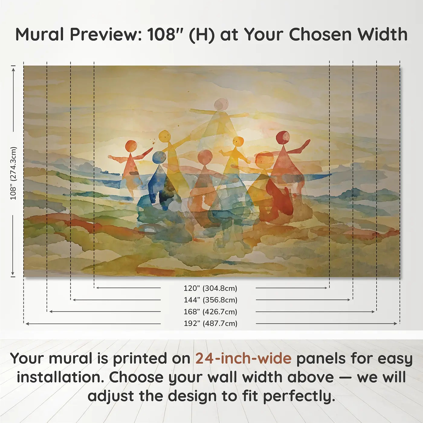 Panel layout and dimensions for Multiple Color Washes Overlapping Wallpaper Mural by Whimsy Tots