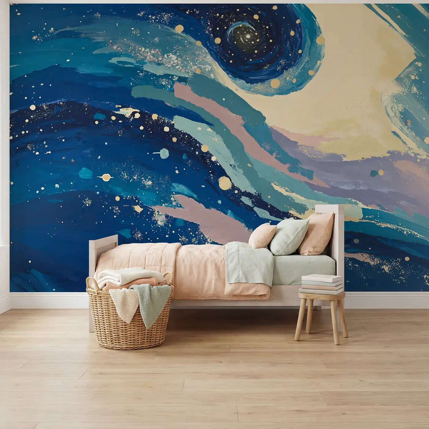 Modern illustration cosmic spiral abstract blue wallpaper mural for girls room by Whimsy Tots