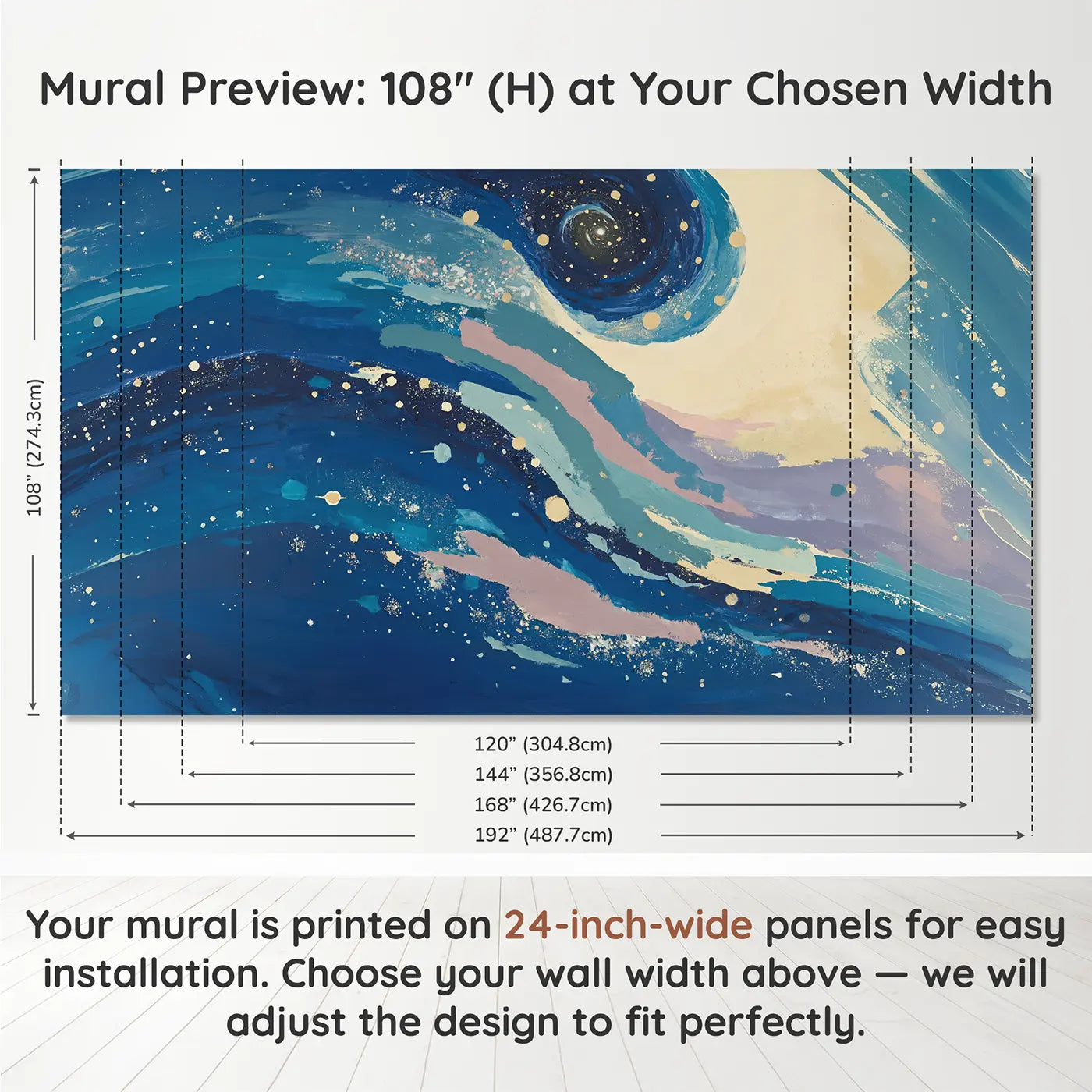 Panel layout and dimensions for Cosmic Spiral Abstract Wallpaper Mural by Whimsy Tots