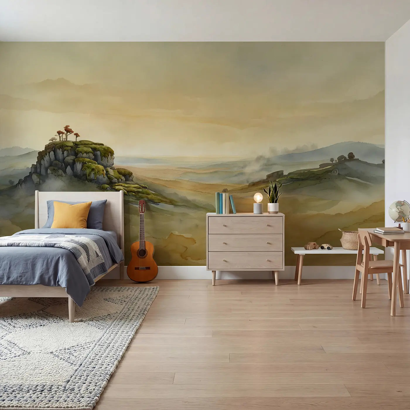 Watercolor abstract horizon earth tones wallpaper mural for boys room by Whimsy Tots